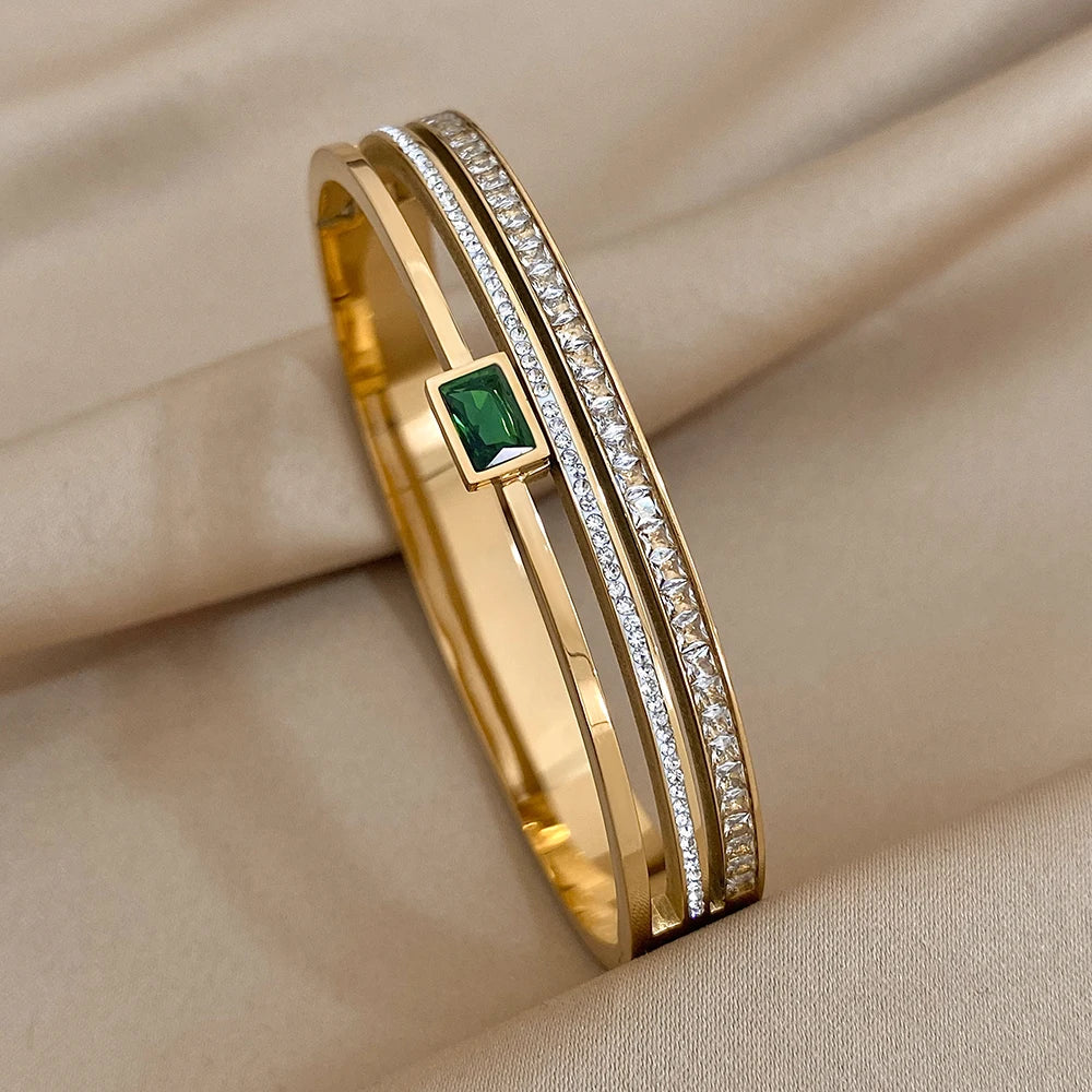 Geometric Rhinestone Steel Cuff Bracelet