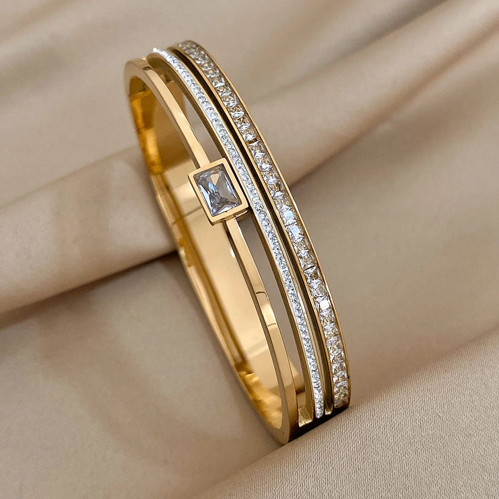 Geometric Rhinestone Steel Cuff Bracelet