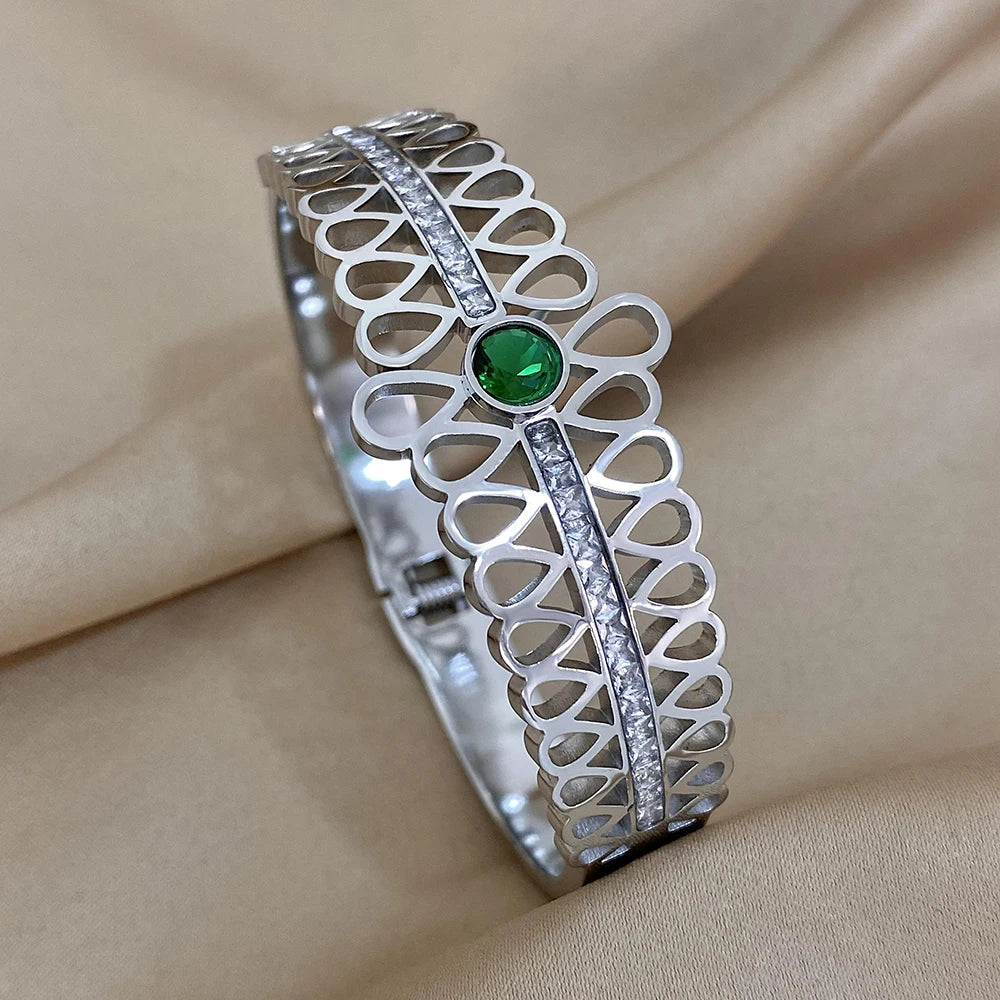 Geometric Rhinestone Steel Cuff Bracelet