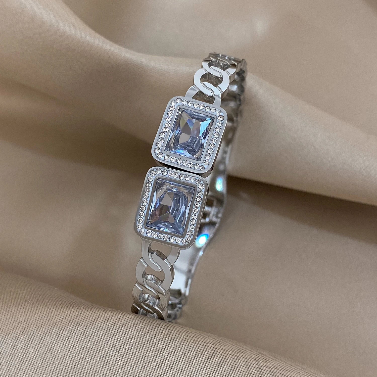Geometric Rhinestone Steel Cuff Bracelet