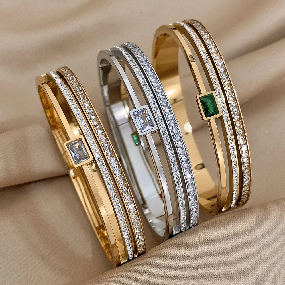 Geometric Rhinestone Steel Cuff Bracelet