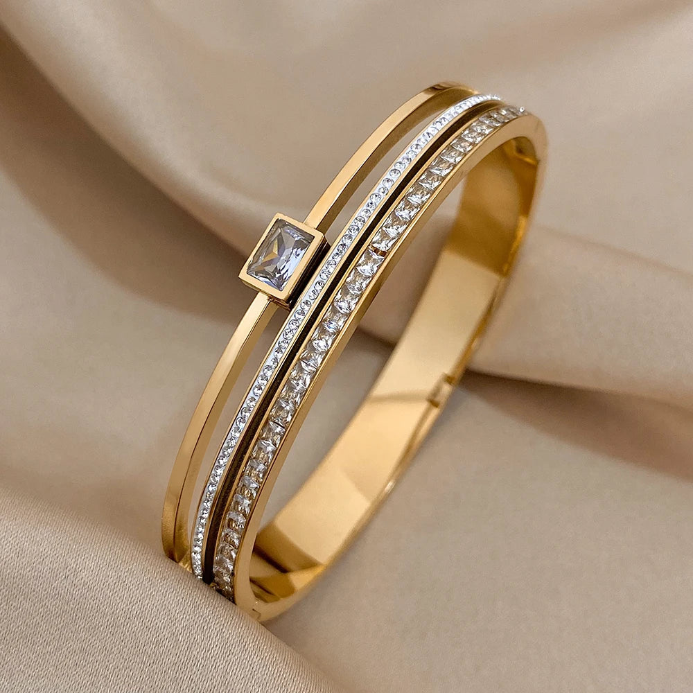 Geometric Rhinestone Steel Cuff Bracelet