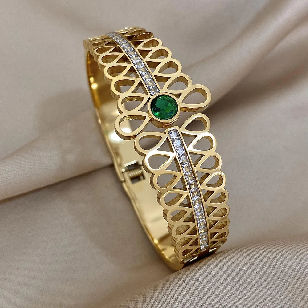 Geometric Rhinestone Steel Cuff Bracelet