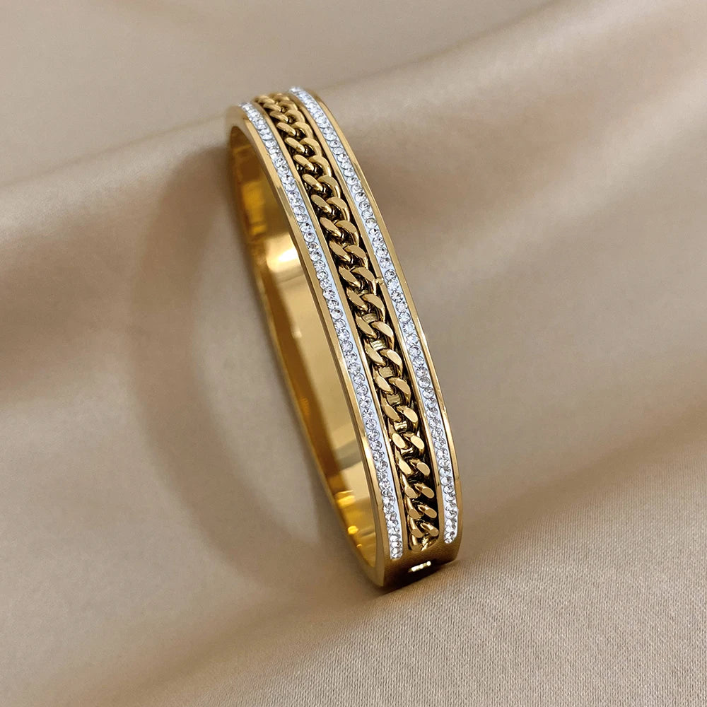 Geometric Rhinestone Steel Cuff Bracelet
