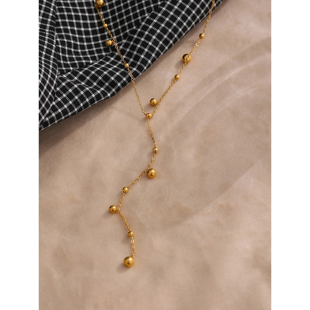 Yhpup Halskette mit langem Anhänger aus Edelstahlperlen, minimalistisch, 18K PVD-beschichtet, Metallkragen, Modeschmuck, Bangkok Parti-Geschenk