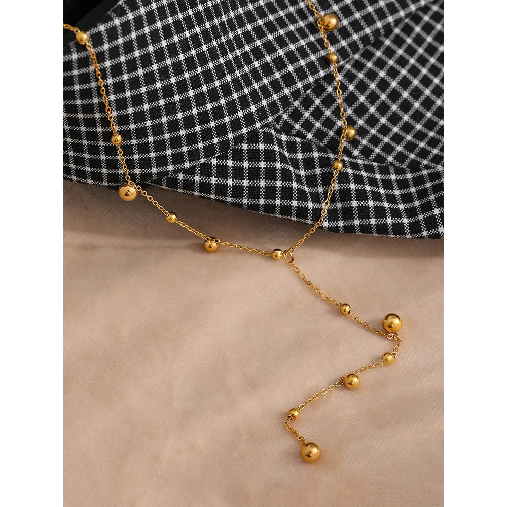 Yhpup Halskette mit langem Anhänger aus Edelstahlperlen, minimalistisch, 18K PVD-beschichtet, Metallkragen, Modeschmuck, Bangkok Parti-Geschenk