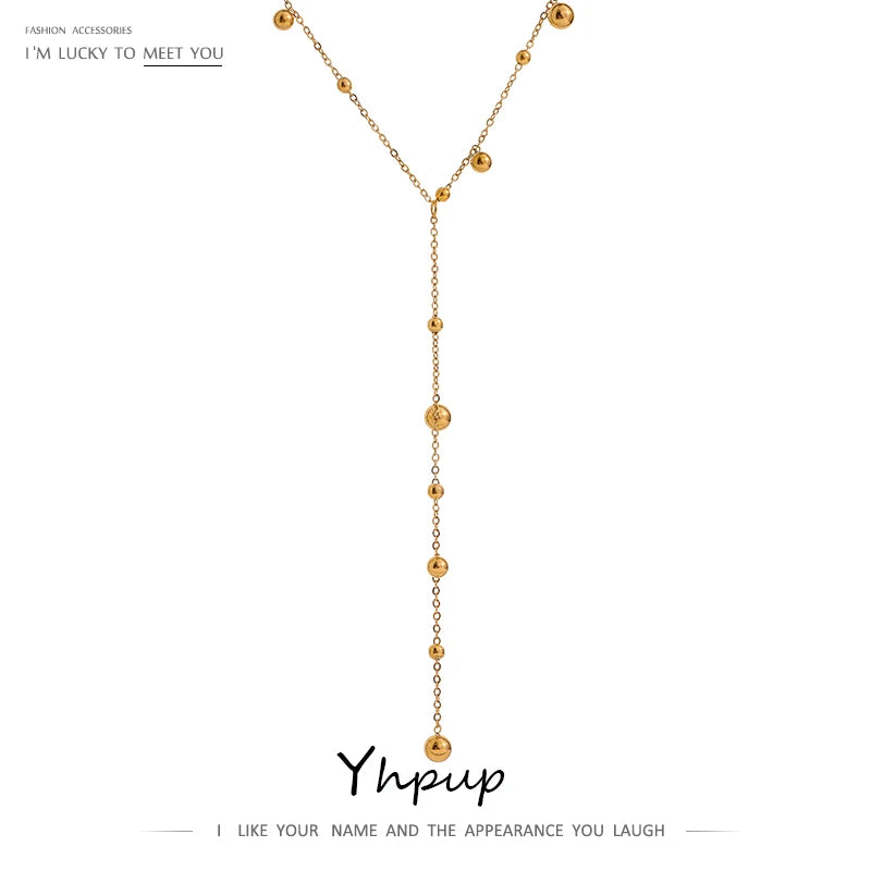 Yhpup Halskette mit langem Anhänger aus Edelstahlperlen, minimalistisch, 18K PVD-beschichtet, Metallkragen, Modeschmuck, Bangkok Parti-Geschenk