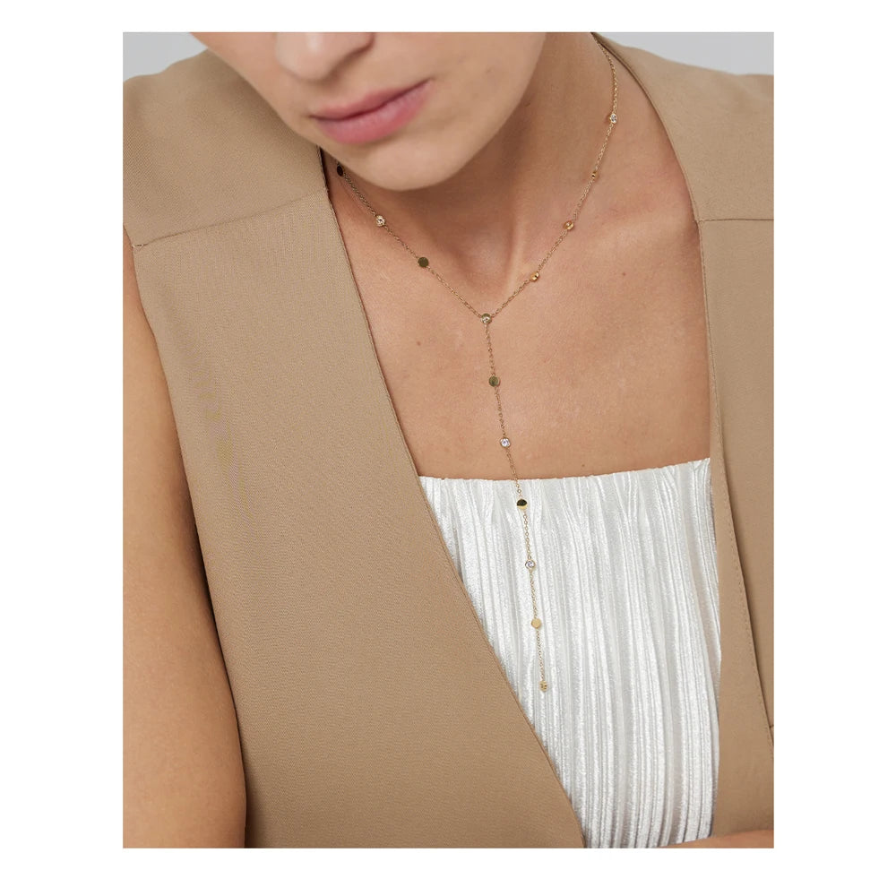 Yhpup Halskette mit langem Anhänger aus Edelstahlperlen, minimalistisch, 18K PVD-beschichtet, Metallkragen, Modeschmuck, Bangkok Parti-Geschenk