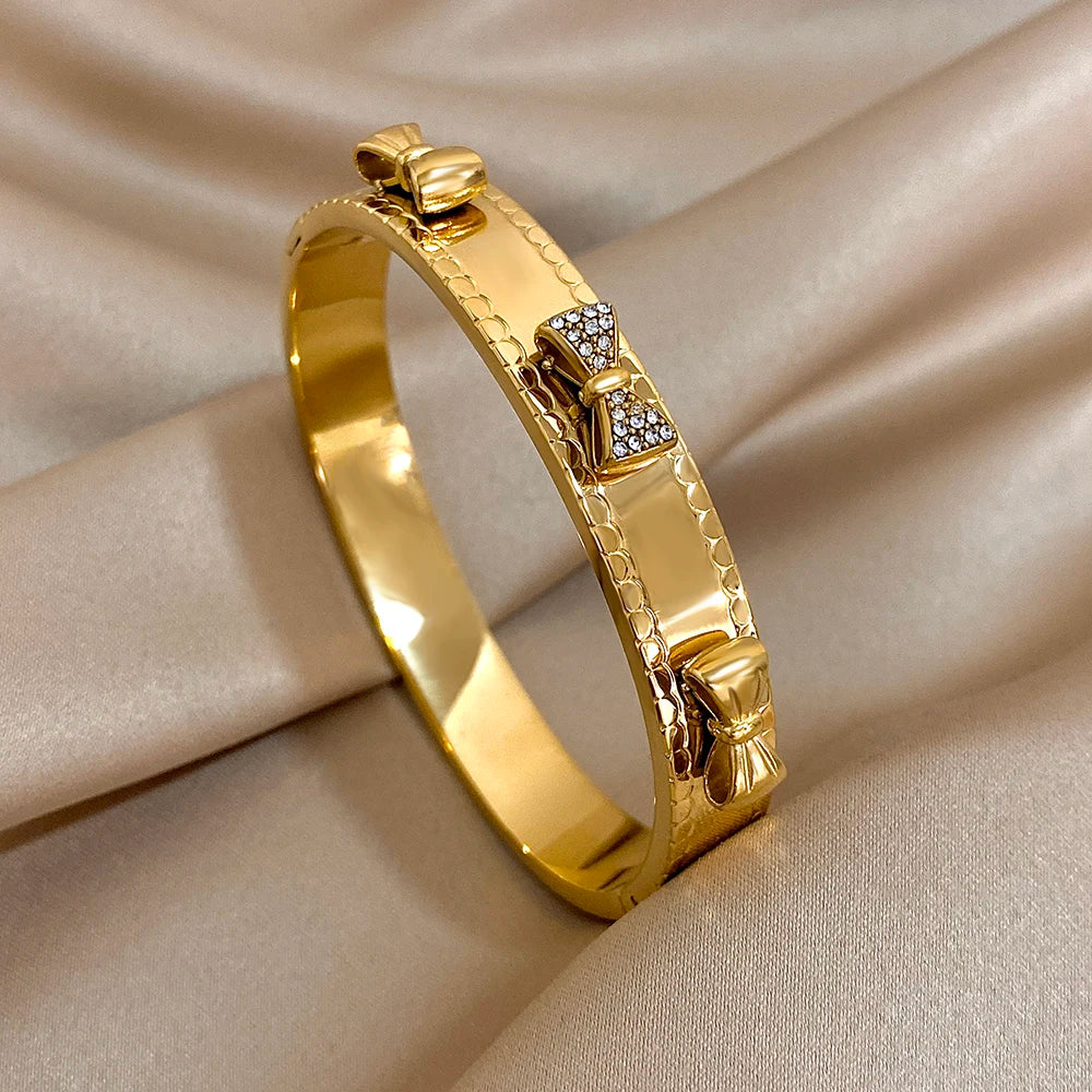 Floral Rhinestone Steel Cuff Bracelet