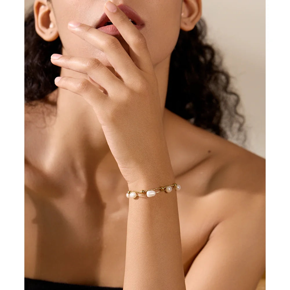 Yhpup Natürliche Perlen Doppelschicht Kette Edelstahl Charm Armband Armreif Frauen Stilvolle Sommer Schmuck Wasserdicht