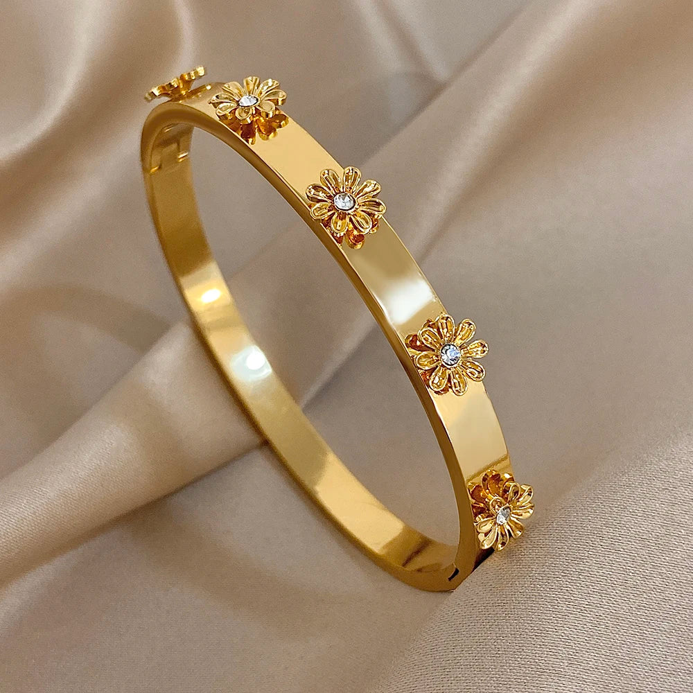 Floral Rhinestone Steel Cuff Bracelet