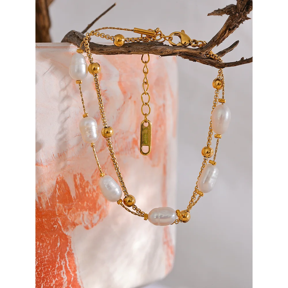 Yhpup Natürliche Perlen Doppelschicht Kette Edelstahl Charm Armband Armreif Frauen Stilvolle Sommer Schmuck Wasserdicht