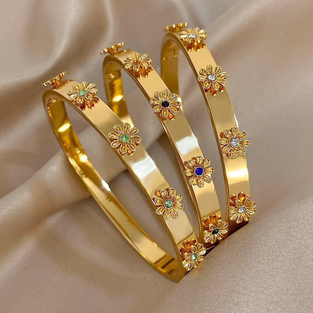 Floral Rhinestone Steel Cuff Bracelet