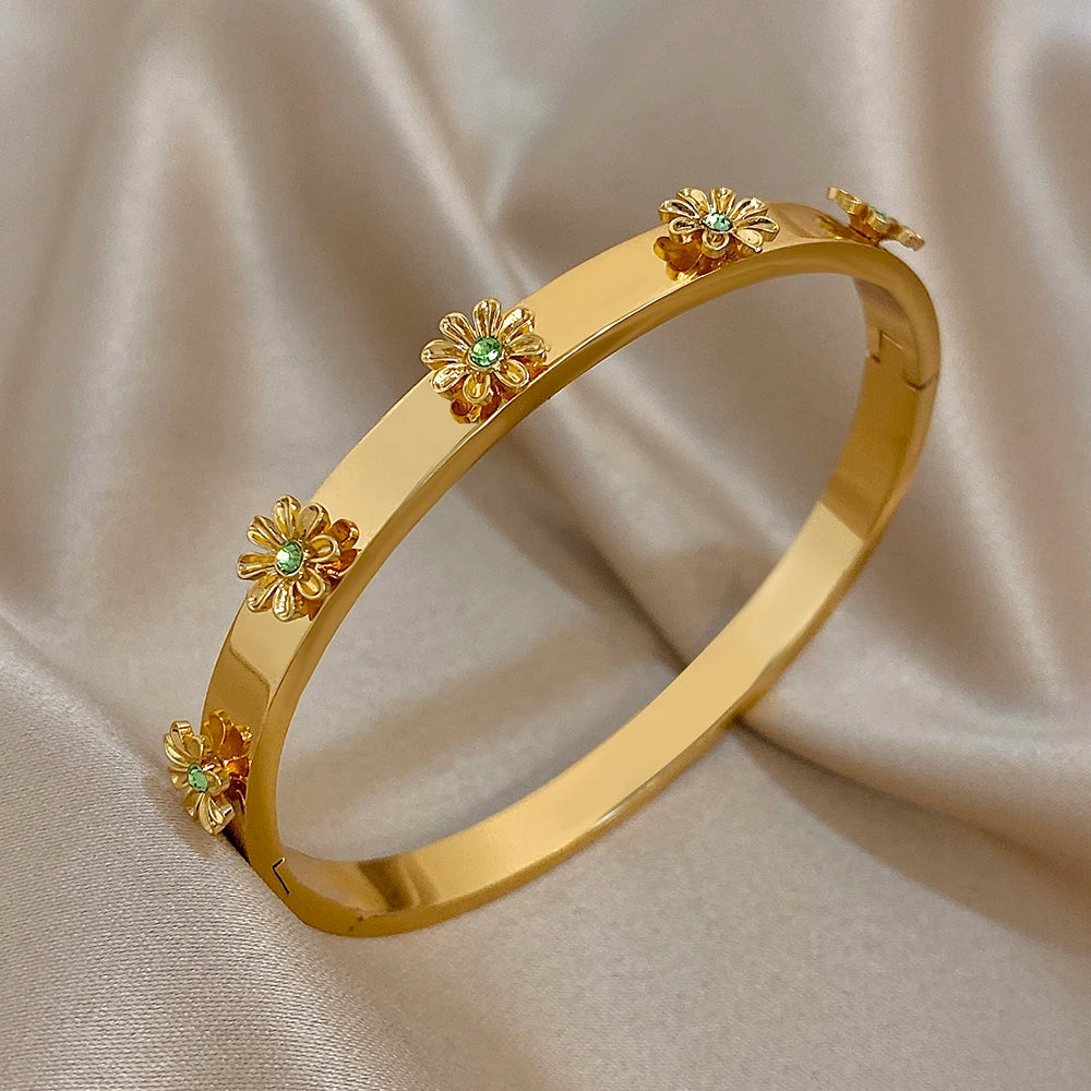 Floral Rhinestone Steel Cuff Bracelet