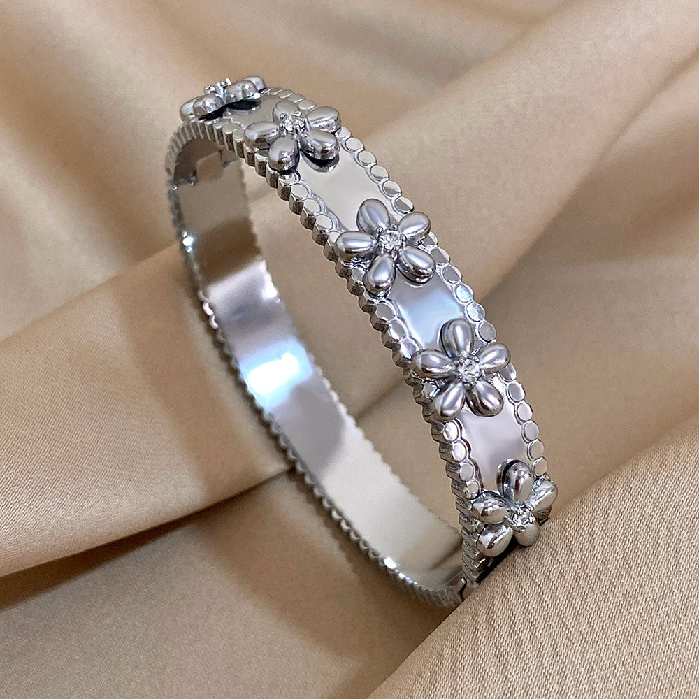 Floral Rhinestone Steel Cuff Bracelet