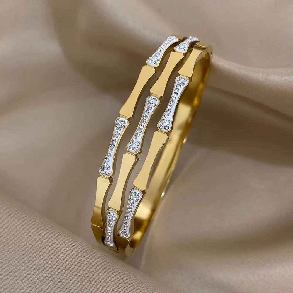 Geometric Rhinestone Steel Cuff Bracelet