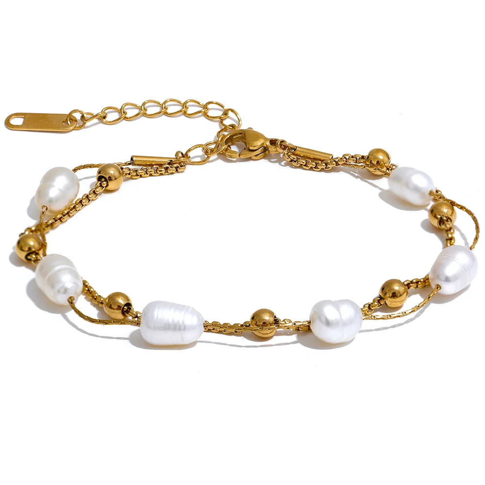 Yhpup Natürliche Perlen Doppelschicht Kette Edelstahl Charm Armband Armreif Frauen Stilvolle Sommer Schmuck Wasserdicht