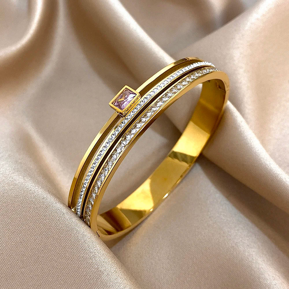 Geometric Rhinestone Steel Cuff Bracelet