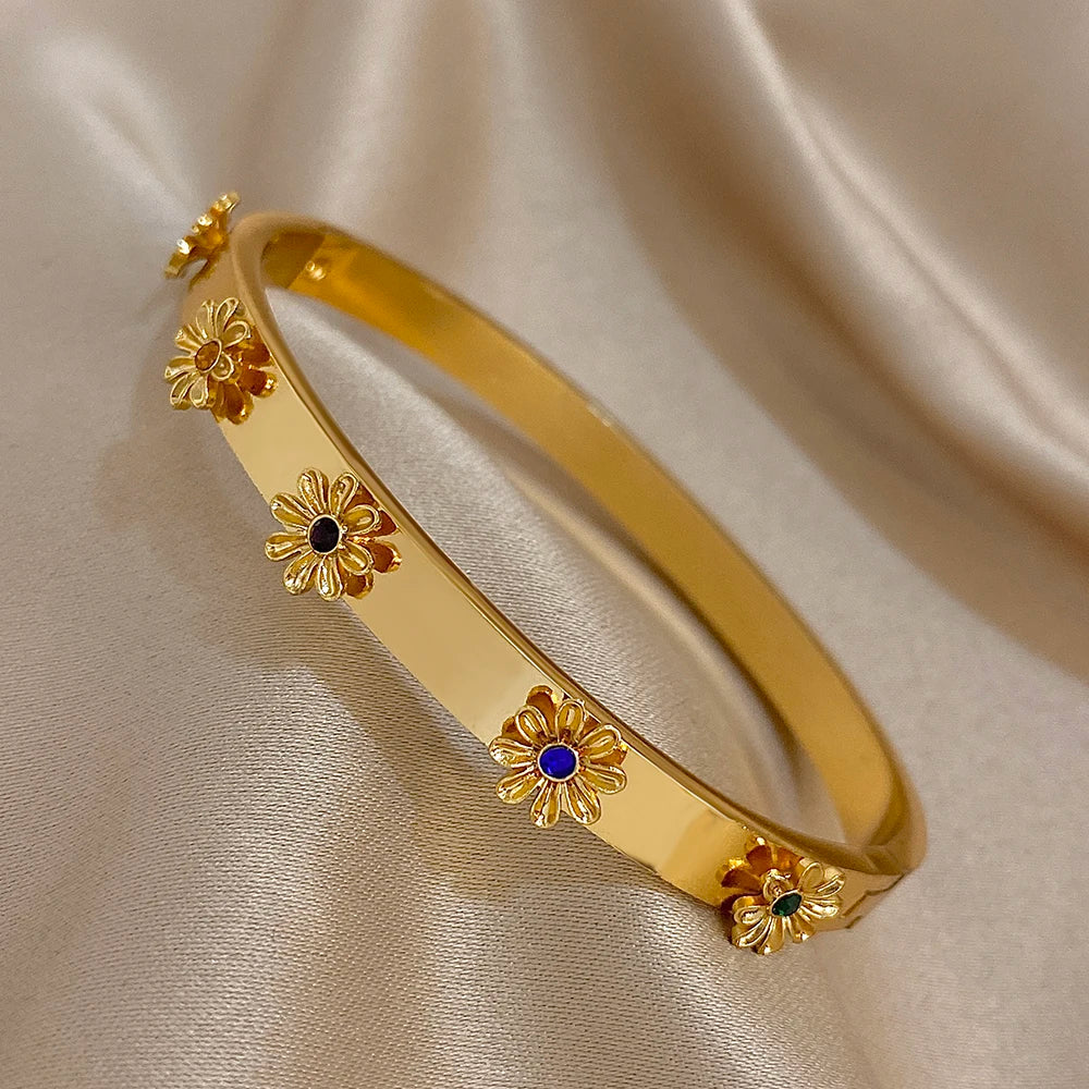 Floral Rhinestone Steel Cuff Bracelet