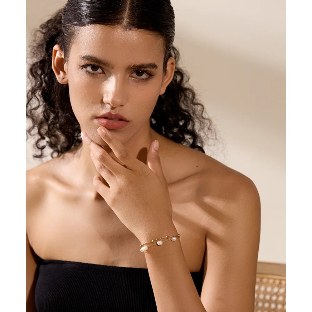 Yhpup Natürliche Perlen Doppelschicht Kette Edelstahl Charm Armband Armreif Frauen Stilvolle Sommer Schmuck Wasserdicht