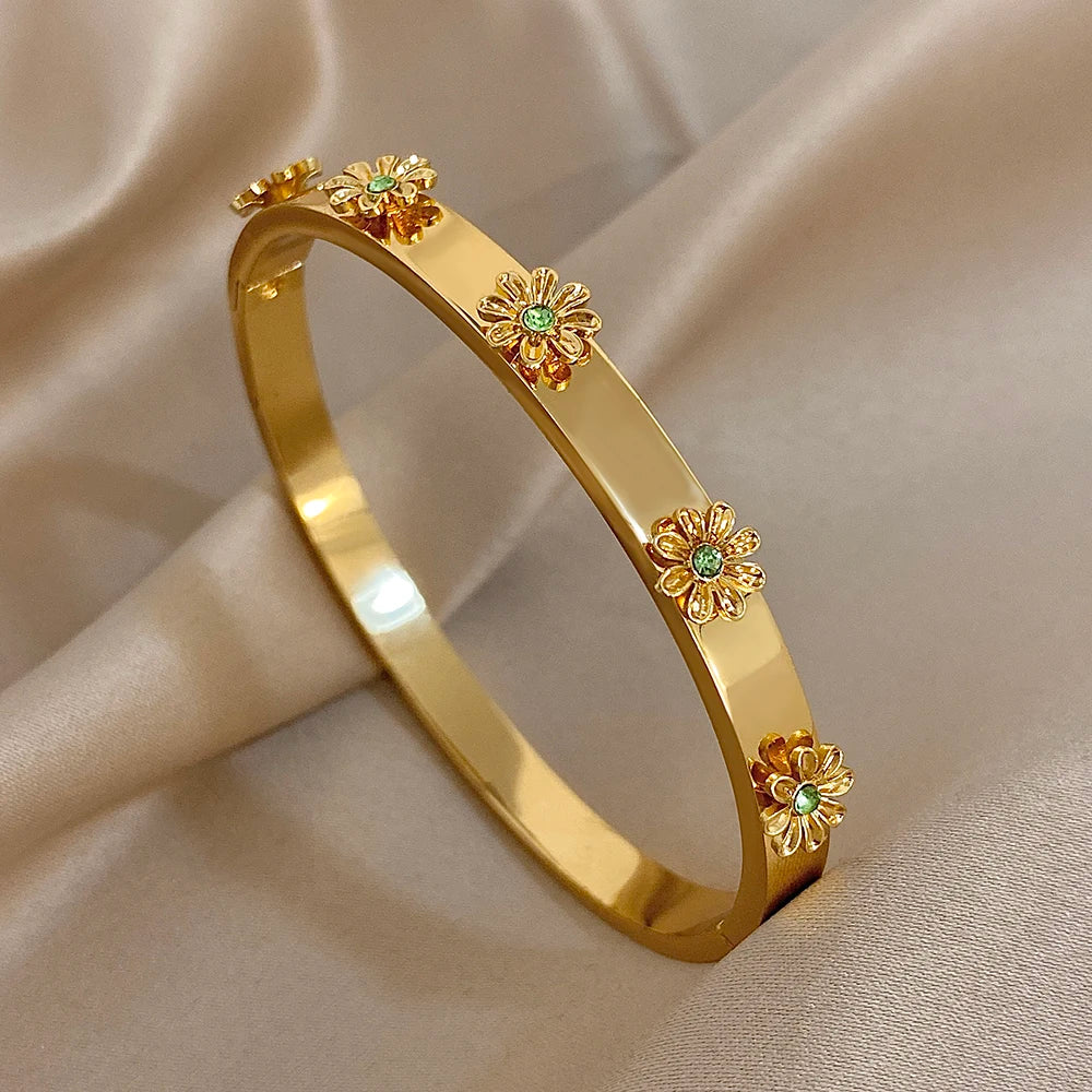 Floral Rhinestone Steel Cuff Bracelet