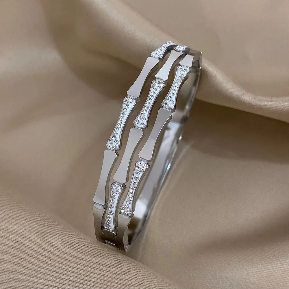 Geometric Rhinestone Steel Cuff Bracelet