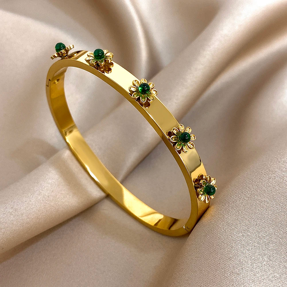 Floral Rhinestone Steel Cuff Bracelet