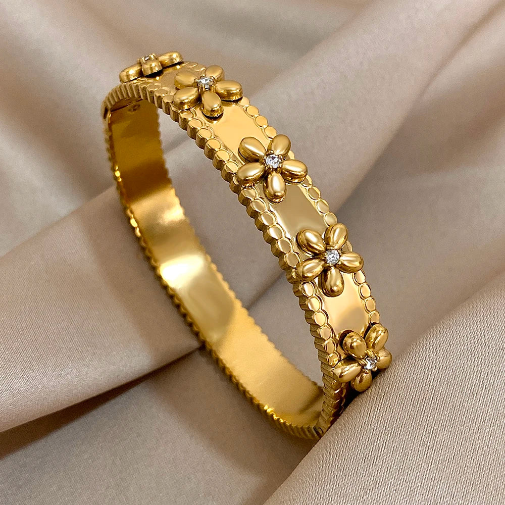 Floral Rhinestone Steel Cuff Bracelet