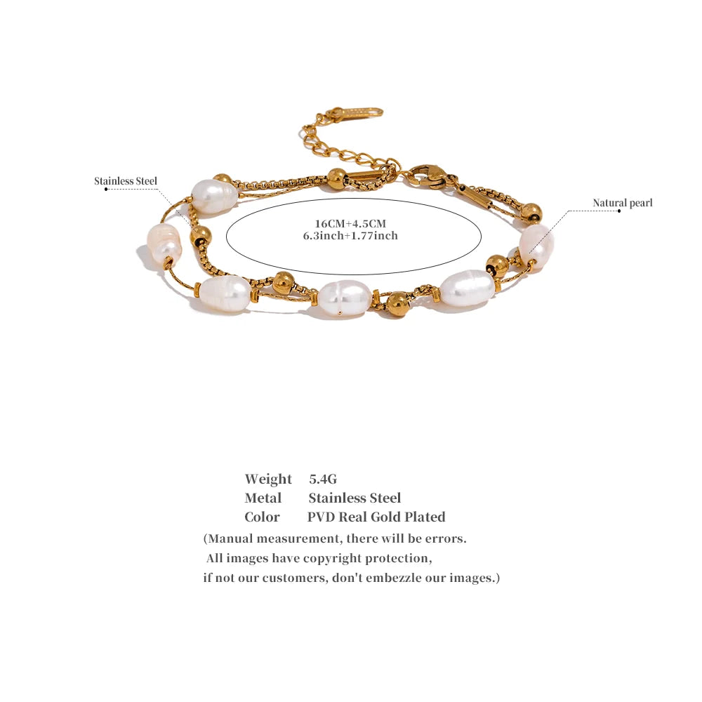 Yhpup Natürliche Perlen Doppelschicht Kette Edelstahl Charm Armband Armreif Frauen Stilvolle Sommer Schmuck Wasserdicht