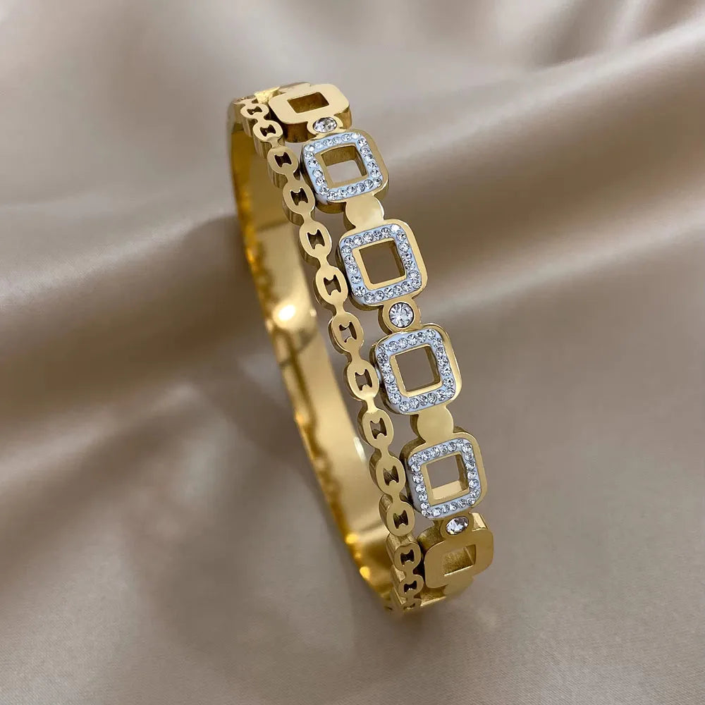 Geometric Rhinestone Steel Cuff Bracelet