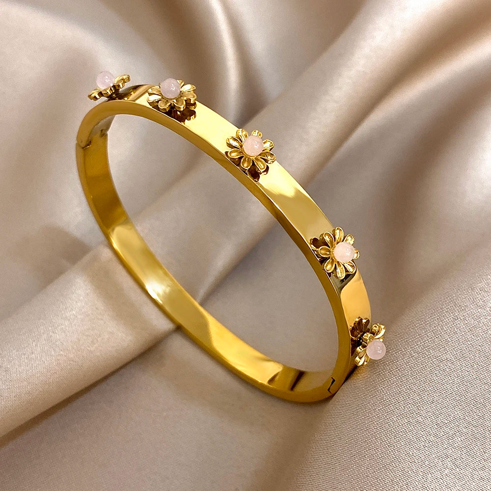 Floral Rhinestone Steel Cuff Bracelet