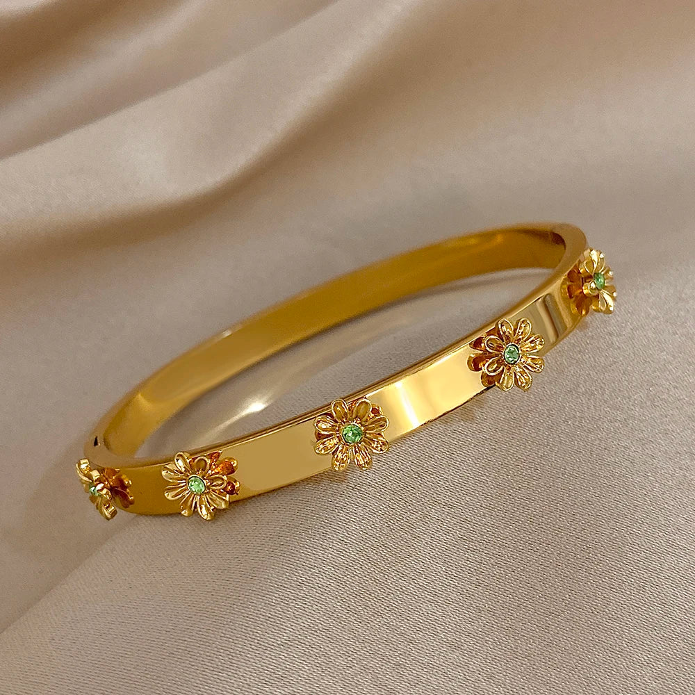 Floral Rhinestone Steel Cuff Bracelet