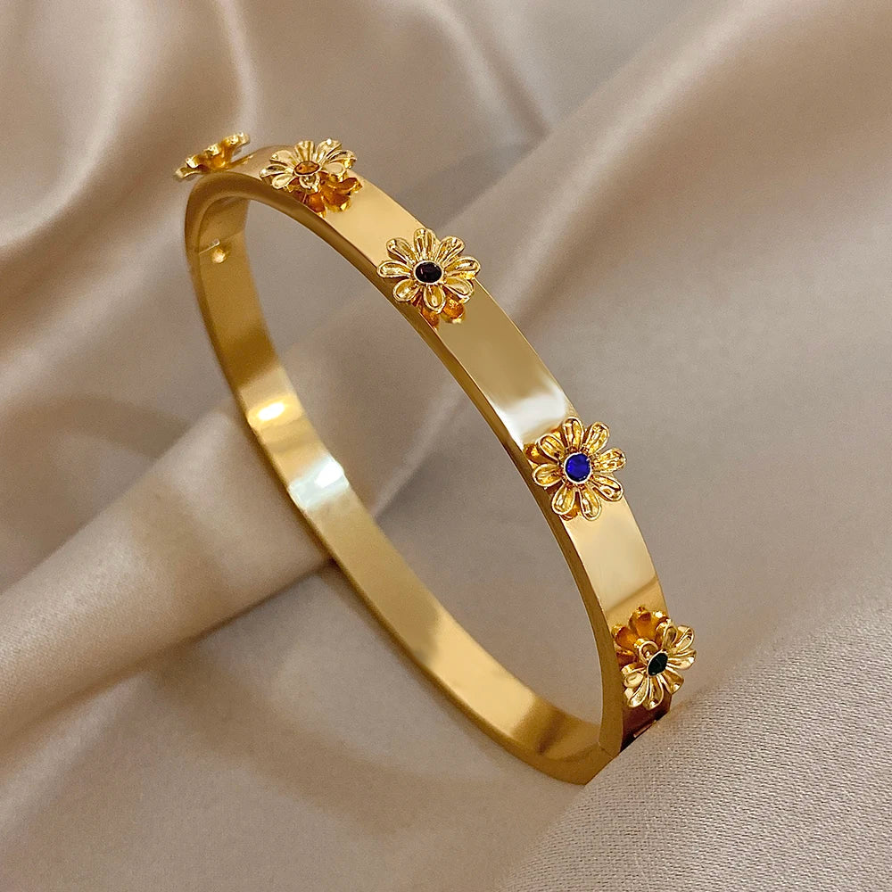 Floral Rhinestone Steel Cuff Bracelet