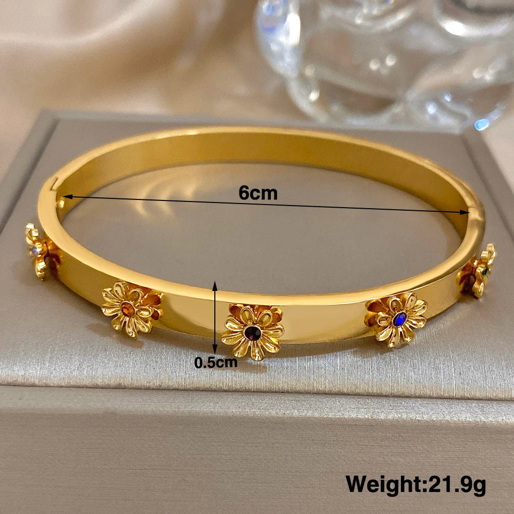 Floral Rhinestone Steel Cuff Bracelet